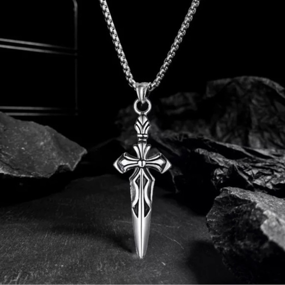 Mens Cross Sword Stainless Steel Necklace